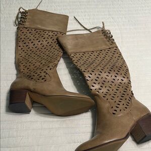 Tan Heeled Boots with Geometric Cutouts and Block Heel